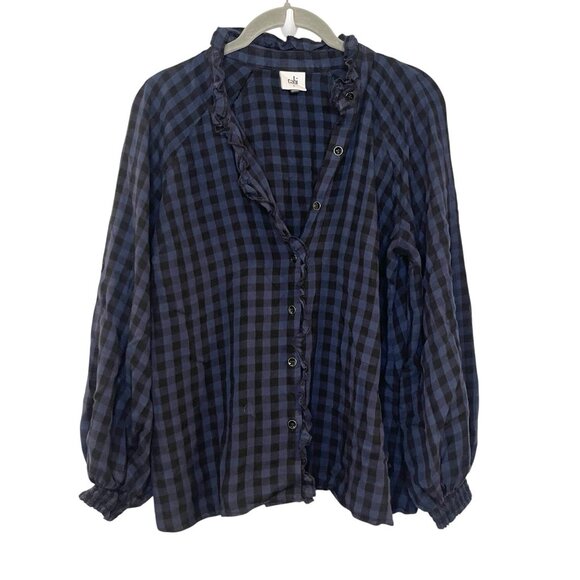 CABI Aberdeen Navy Black Plaid Button Up Shirt Ruffled Long Sleeve Women's Small - Picture 2 of 7